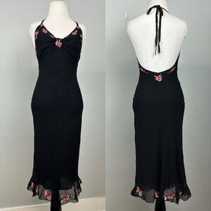 Betsey Johnson Black Midi Dress with Pink Floral Accents